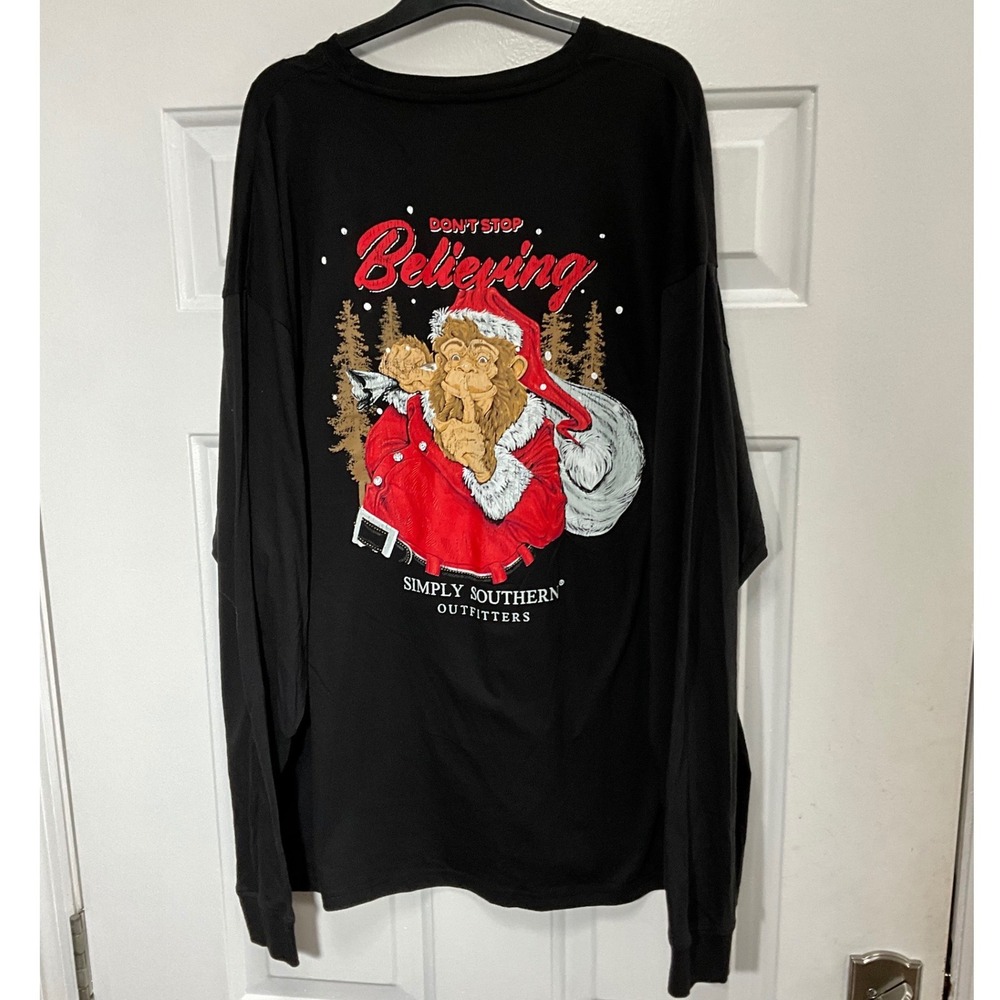 Simply Southern Bigfoot Santa Don't Stop Believing Black Long Sleeve Tee XXL